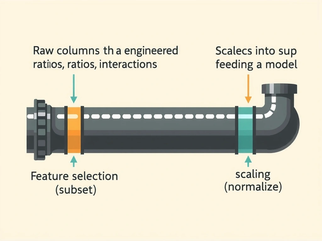 Pipeline: raw columns transforming into engineered features (ratios, ratios, interactions) feeding a model; side branches labeled feature selection (subset) and scaling (normalize) as related but distinct steps.