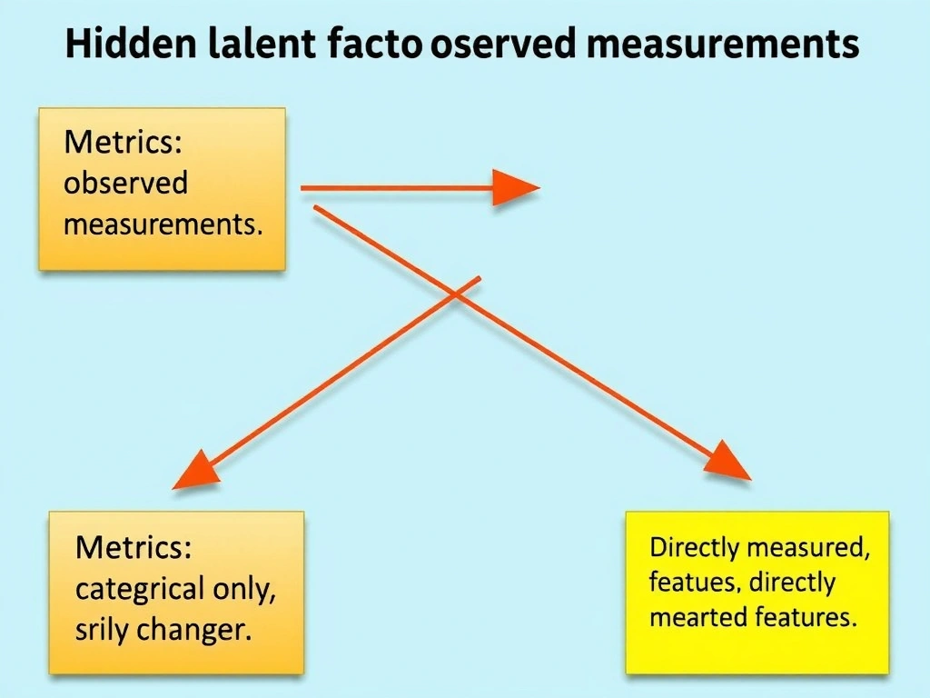 Diagram of hidden latent factors pointing to multiple observed measurements; examples topic model / factor analysis; crossed-out labels for metrics, 'categorical only,' and directly measured features.