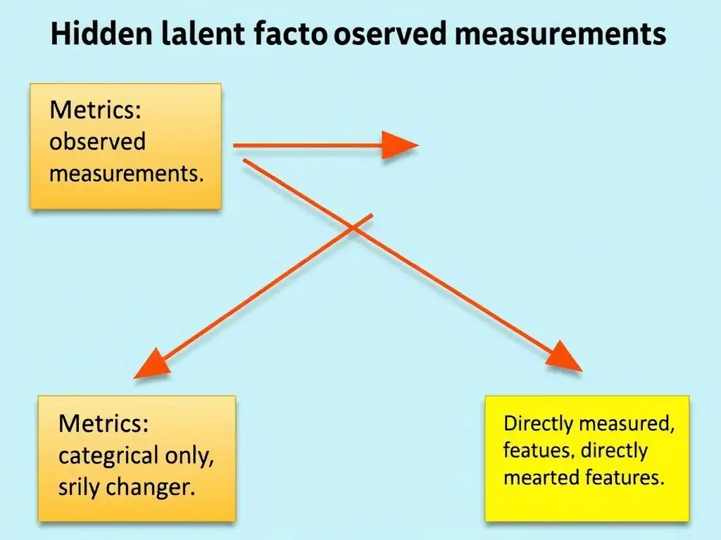 Diagram of hidden latent factors pointing to multiple observed measurements; examples topic model / factor analysis; crossed-out labels for metrics, 'categorical only,' and directly measured features.