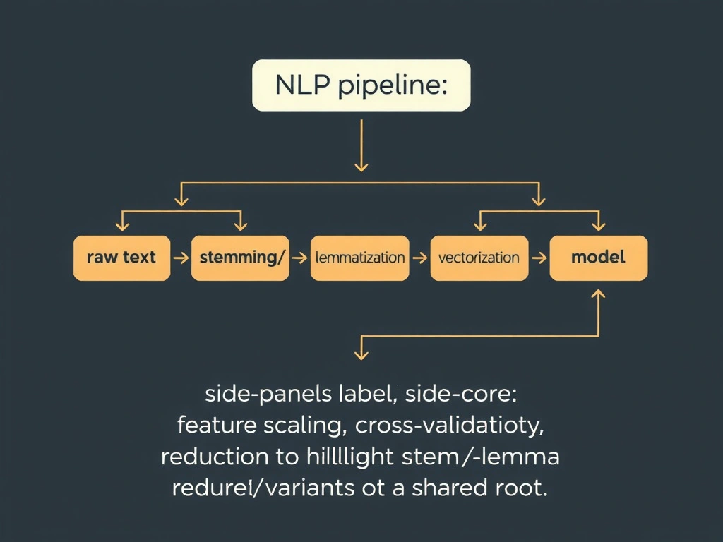 NLP pipeline stages: raw text → tokenization → stemming/lemmatization → vectorization → model; contrast side panels labeled not NLP-core: feature scaling, cross-validation, dimensionality reduction; highlight stem/lemma reducing word variants to a shared root.
