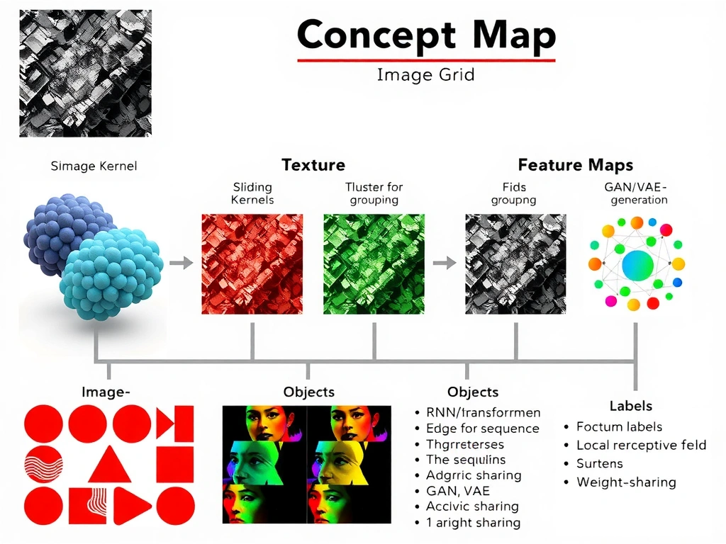 CNN concept map: image grid → sliding kernels → feature maps (edges → textures → objects); side comparisons to RNN/transformer for sequences, clustering for grouping, GAN/VAE for generation; labels for local receptive field and weight sharing.