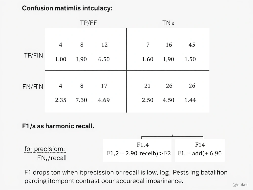 Confusion matrix with TP/FP/FN/TN; formulas for precision, recall, and F1 as harmonic mean; diagram showing F1 drops when either precision or recall is low; contrast with accuracy under imbalance.