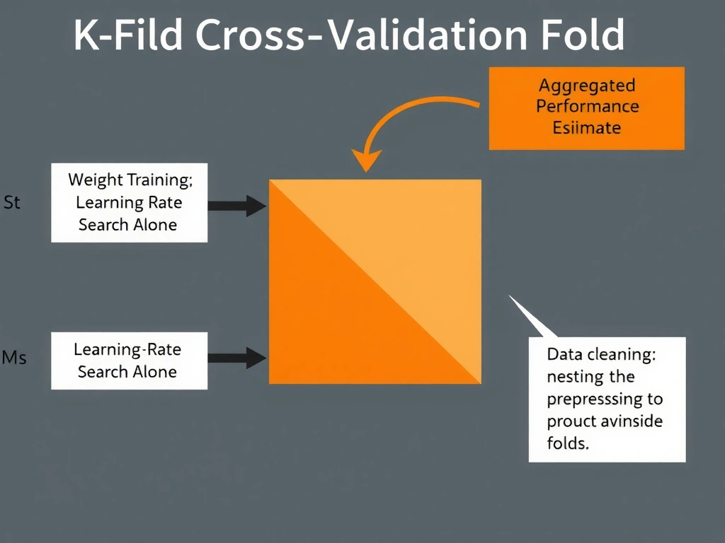 k-fold cross-validation diagram with rotating validation fold; arrow to aggregated performance estimate; wrong-path callouts: weight training, learning-rate search alone, data cleaning; note about nesting preprocessing inside folds.