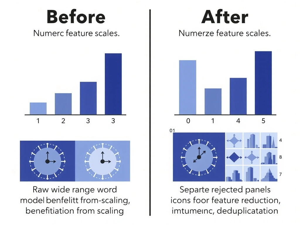 Before/after numeric feature scales: raw wide ranges vs normalized 0–1 bars; icons for distance-based models benefiting from scaling; separate rejected panels for feature reduction, imputation, deduplication.