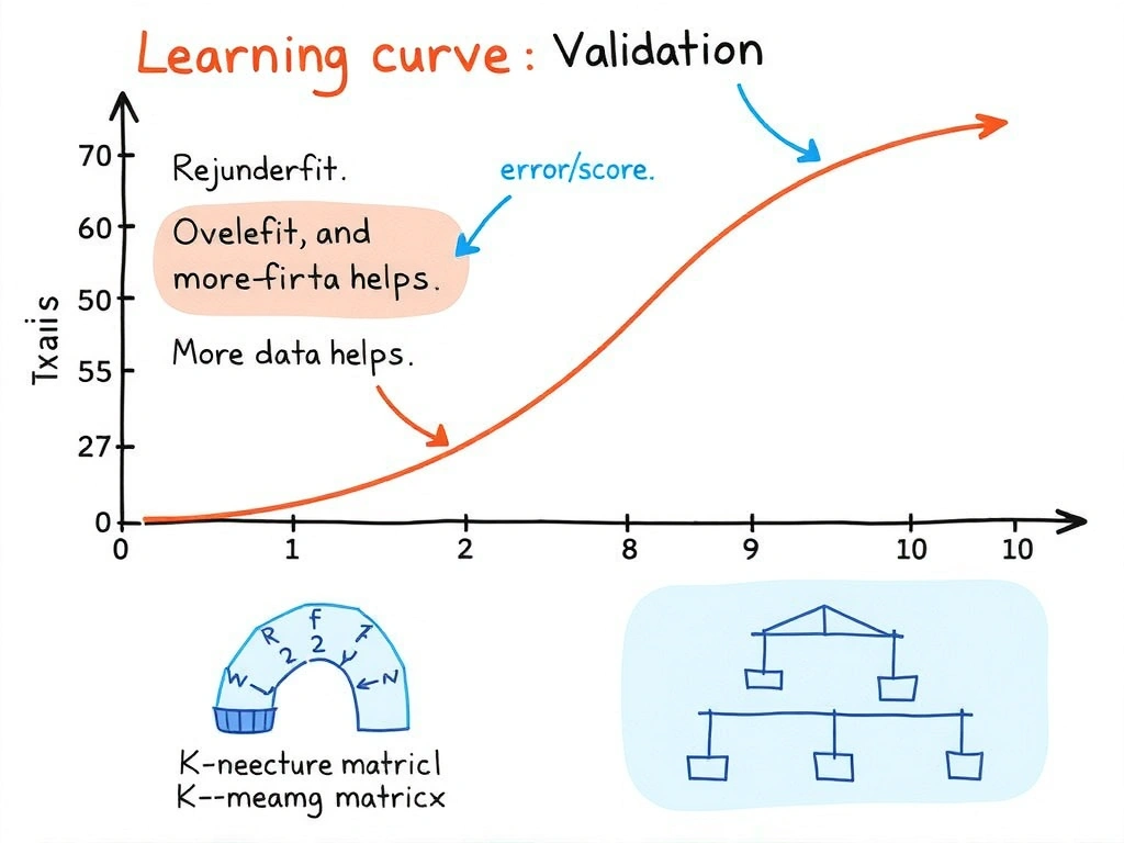 Learning curve chart: x-axis training size or epochs, y-axis error/score; training curve and validation curve; annotations for underfit, overfit, and more-data-helps regions; small icons rejecting correlation matrix, k-means elbow, architecture diagram.