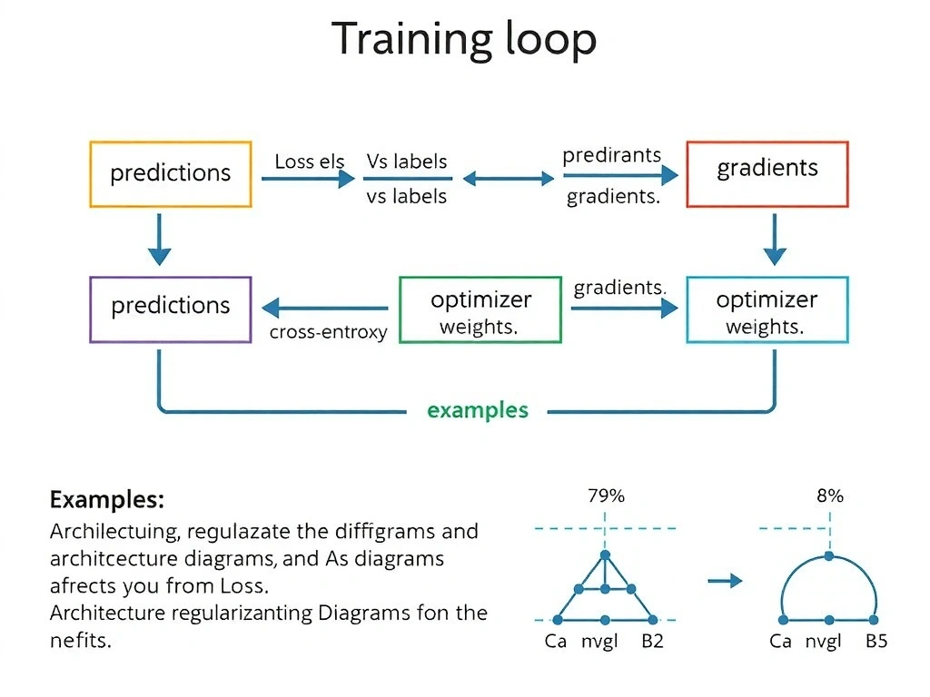 Training loop diagram: predictions vs labels → loss scalar → gradients → optimizer updates weights; examples MSE and cross-entropy; side notes distinguishing regularization, learning rate, and architecture diagrams from loss.