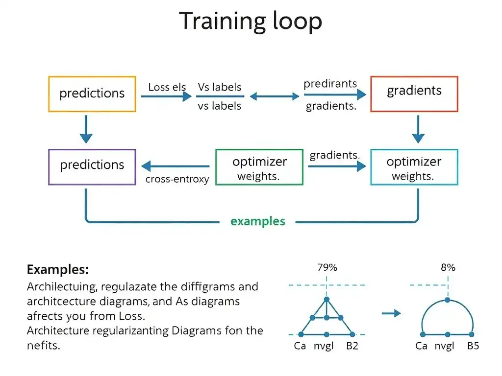 Training loop diagram: predictions vs labels → loss scalar → gradients → optimizer updates weights; examples MSE and cross-entropy; side notes distinguishing regularization, learning rate, and architecture diagrams from loss.