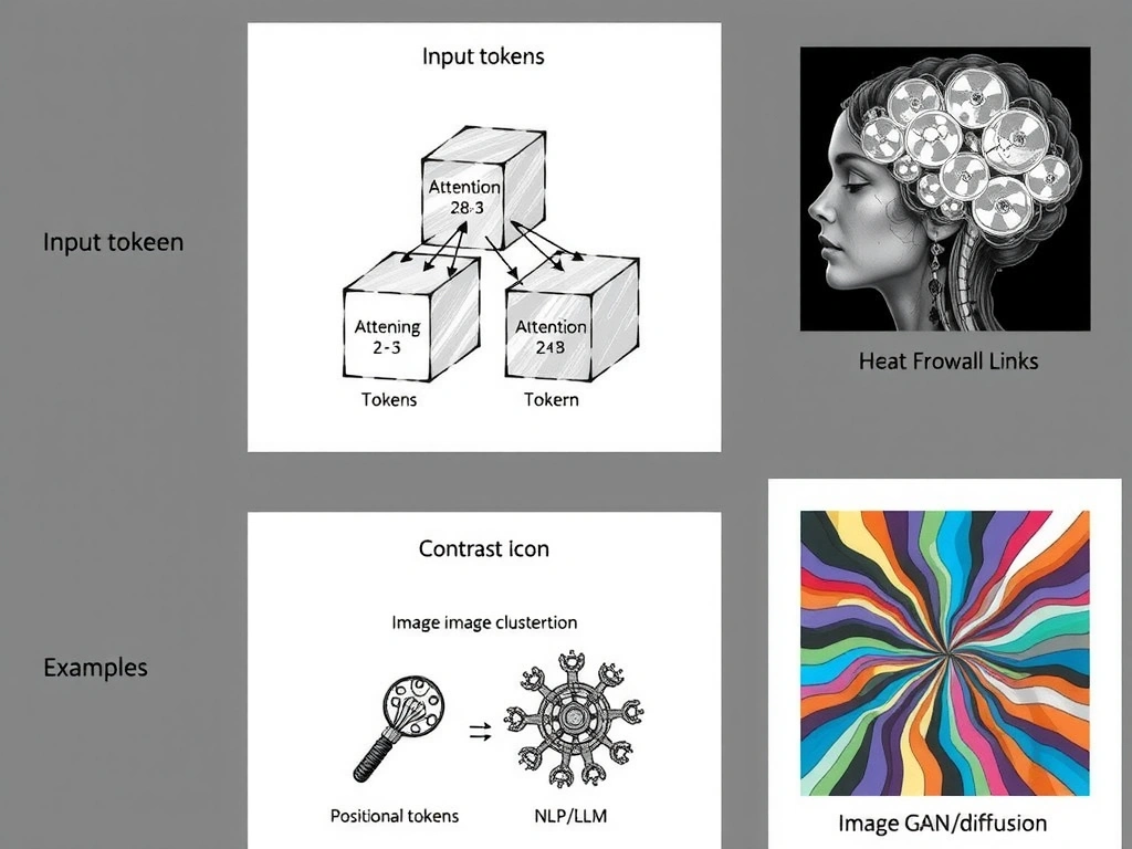 Transformer block sketch: input tokens, multi-head self-attention links between tokens, feed-forward, positional encoding; examples NLP/LLM; contrast icons for clustering, CNN image class label, image GAN/diffusion.