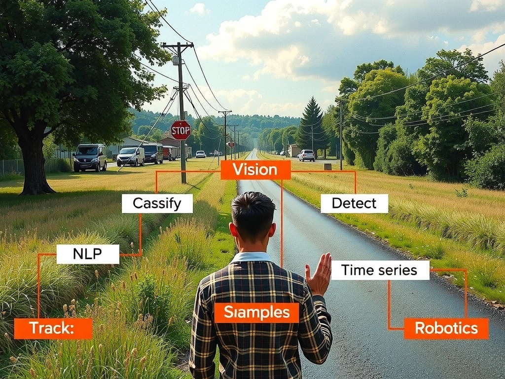 Computer vision overview: camera/image input → CV tasks (classify, detect, segment, track); modality map contrasting vision vs NLP vs time series vs robotics; example real-world scene with bounding boxes and labels.
