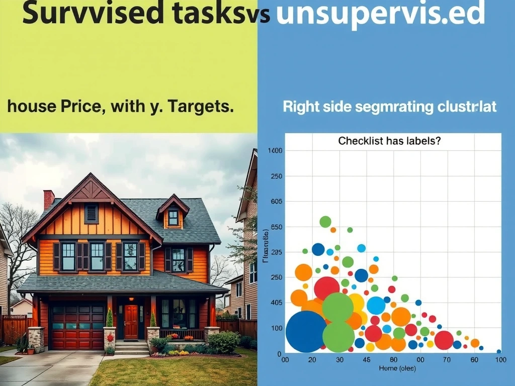 Supervised vs unsupervised split: left side labeled tasks (image class, house price, spam) with y targets; right side customer segmentation clustering scatter plot without labels; checklist "has labels?" decision.
