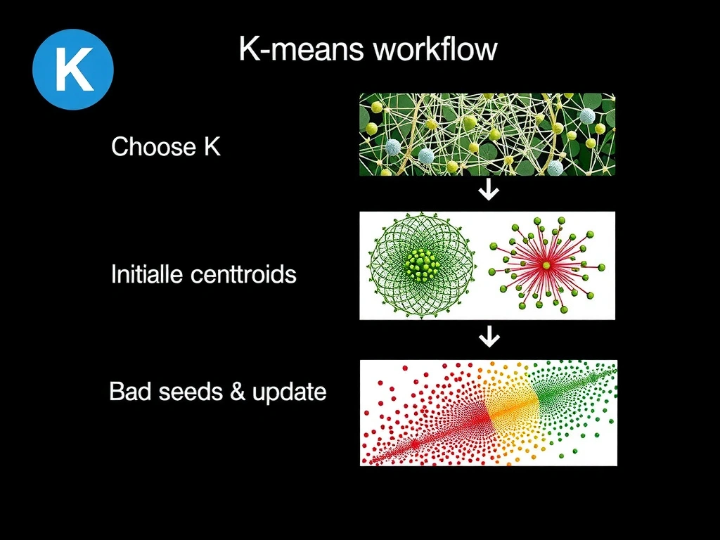 K-means workflow: choose K, initialize centroids, assign and update; failure modes of wrong K and bad seeds; contrast with labeled supervised learning and non-image tabular data.