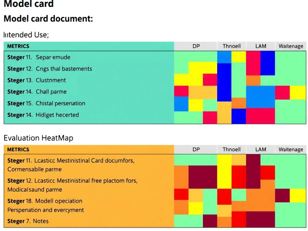 Model card document sections: intended use, metrics, limitations, ethical notes; contrasted with model weight file and evaluation heatmap.