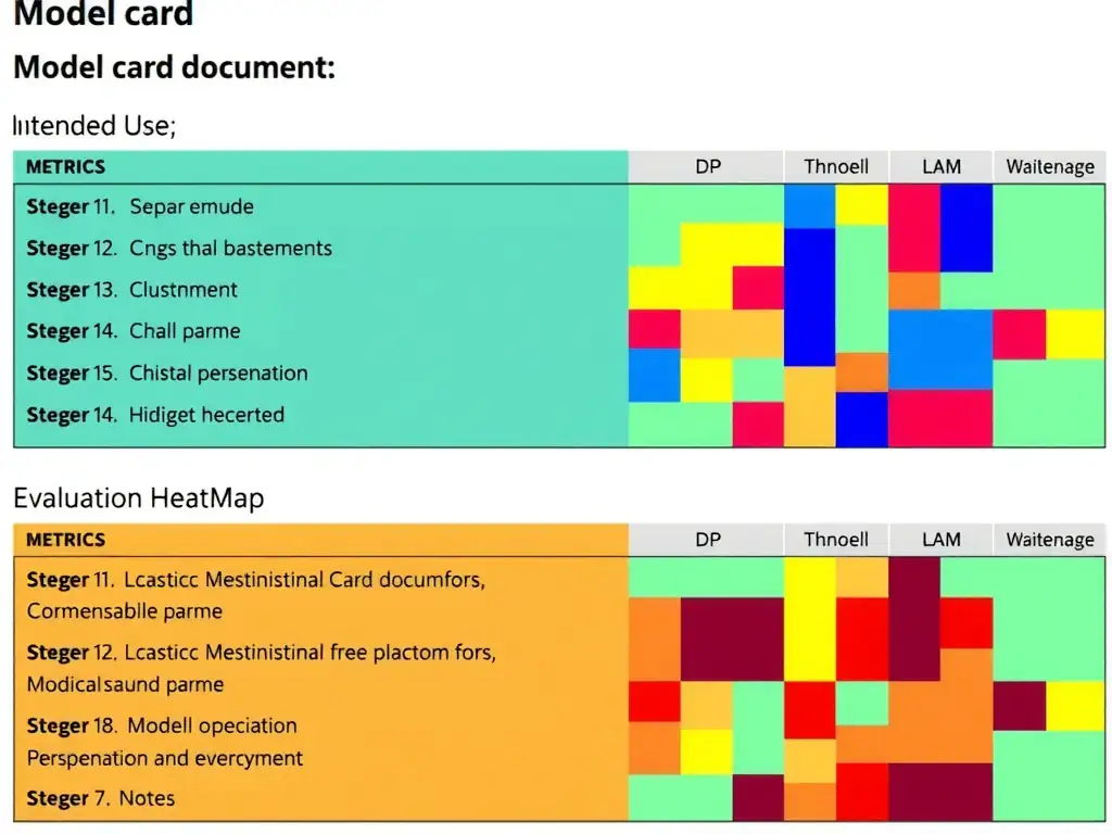 Model card document sections: intended use, metrics, limitations, ethical notes; contrasted with model weight file and evaluation heatmap.