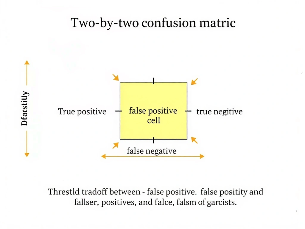 Two-by-two confusion matrix highlighting the false positive cell; definitions of true positive, true negative, false positive, false negative; threshold tradeoff between false positives and false negatives.