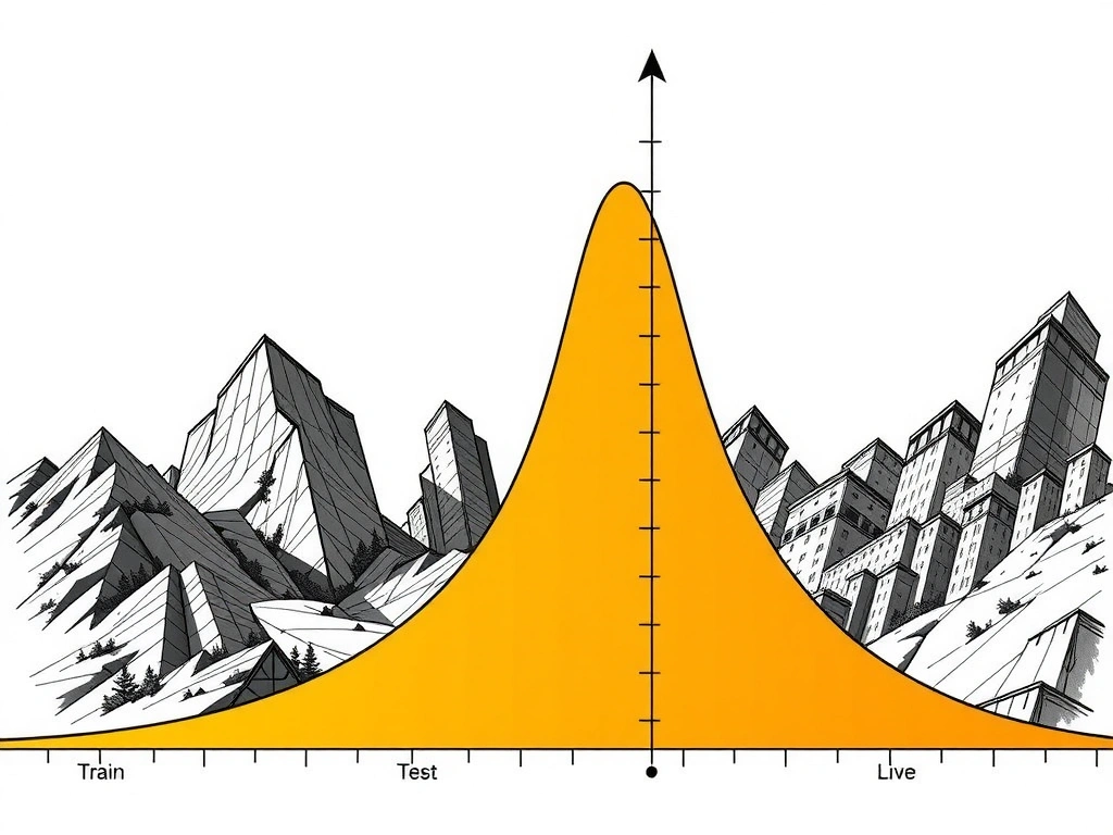 Train vs validation and test curves diverging; overfitting versus underfitting sketches; deployment monitoring gap between offline and live metrics.