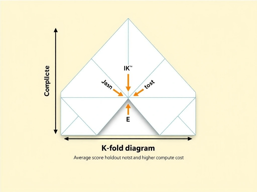 K-fold diagram with rotating validation fold; average score across folds; contrast with single holdout and note higher compute cost.