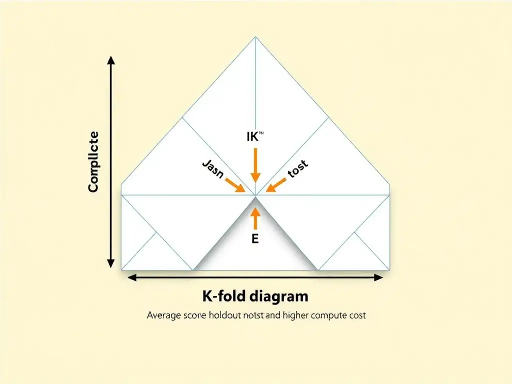 K-fold diagram with rotating validation fold; average score across folds; contrast with single holdout and note higher compute cost.