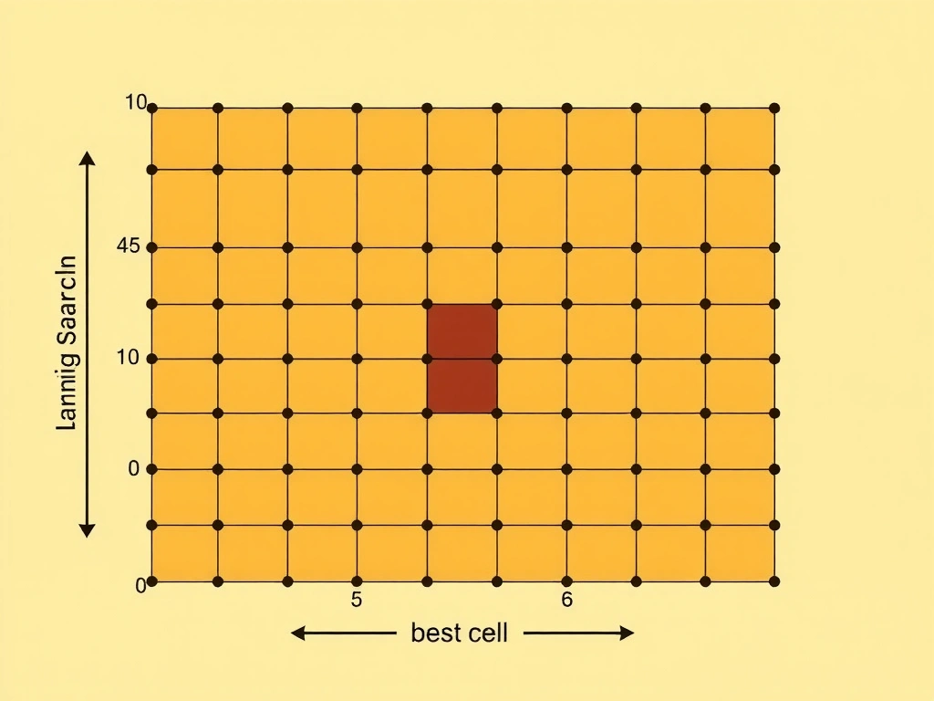 Grid search concept: hyperparameter axes (learning rate, max depth, subsample) forming a discrete grid of trial points; each cell scored by validation metric; highlight best cell; contrast parameters vs hyperparameters and grid search vs PCA / architecture search / weight training.