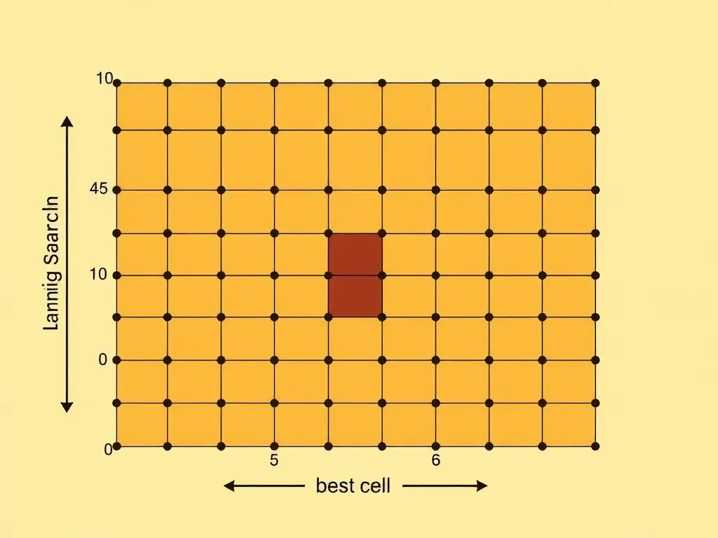 Grid search concept: hyperparameter axes (learning rate, max depth, subsample) forming a discrete grid of trial points; each cell scored by validation metric; highlight best cell; contrast parameters vs hyperparameters and grid search vs PCA / architecture search / weight training.