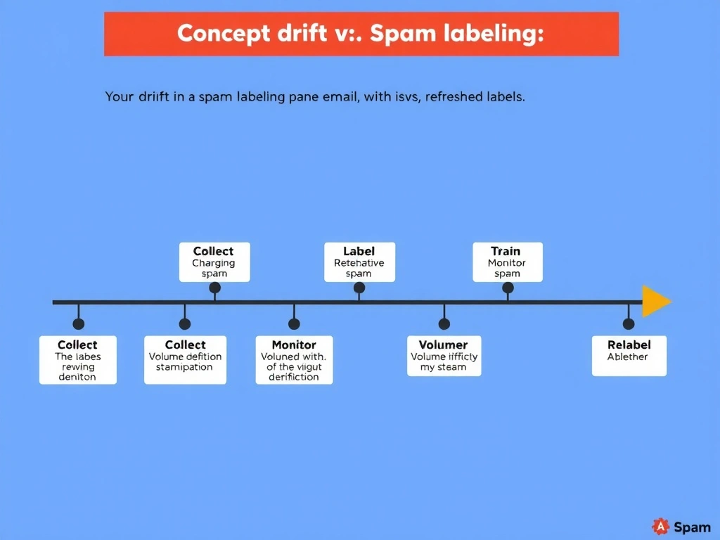 Concept drift in spam labeling: timeline of emails with changing spam patterns; stale labels vs refreshed labels; cycle of collect → label → train → monitor → relabel; contrast volume difficulty vs evolving definition of spam.