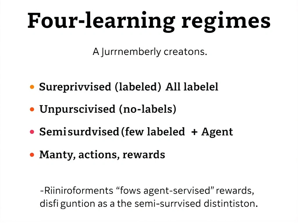 Four learning regimes chart: supervised (all labeled), unsupervised (no labels), semi-supervised (few labeled + many unlabeled), reinforcement (agent, actions, rewards); highlight labeled+unlabeled as the semi-supervised distinction.