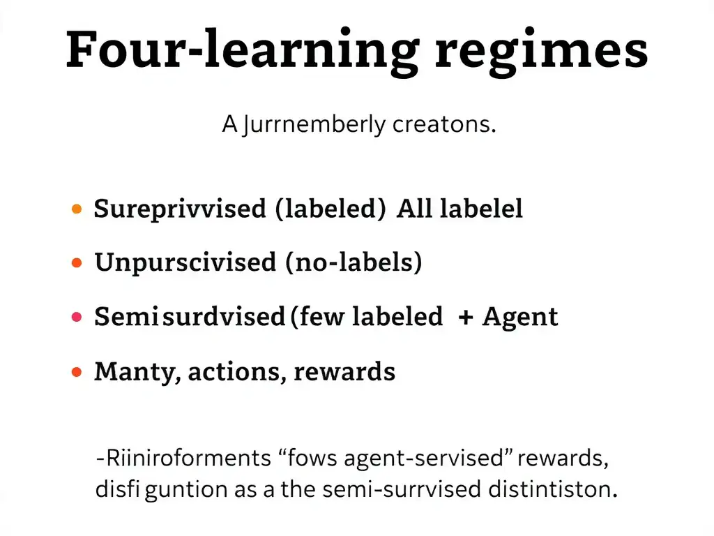 Four learning regimes chart: supervised (all labeled), unsupervised (no labels), semi-supervised (few labeled + many unlabeled), reinforcement (agent, actions, rewards); highlight labeled+unlabeled as the semi-supervised distinction.