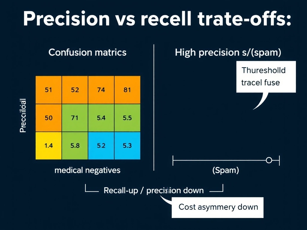 Precision vs recall trade-off: confusion matrix highlighting false negatives; high-recall use case (medical screening) vs high-precision use case (spam); threshold slider showing recall up / precision down; cost asymmetry callouts.
