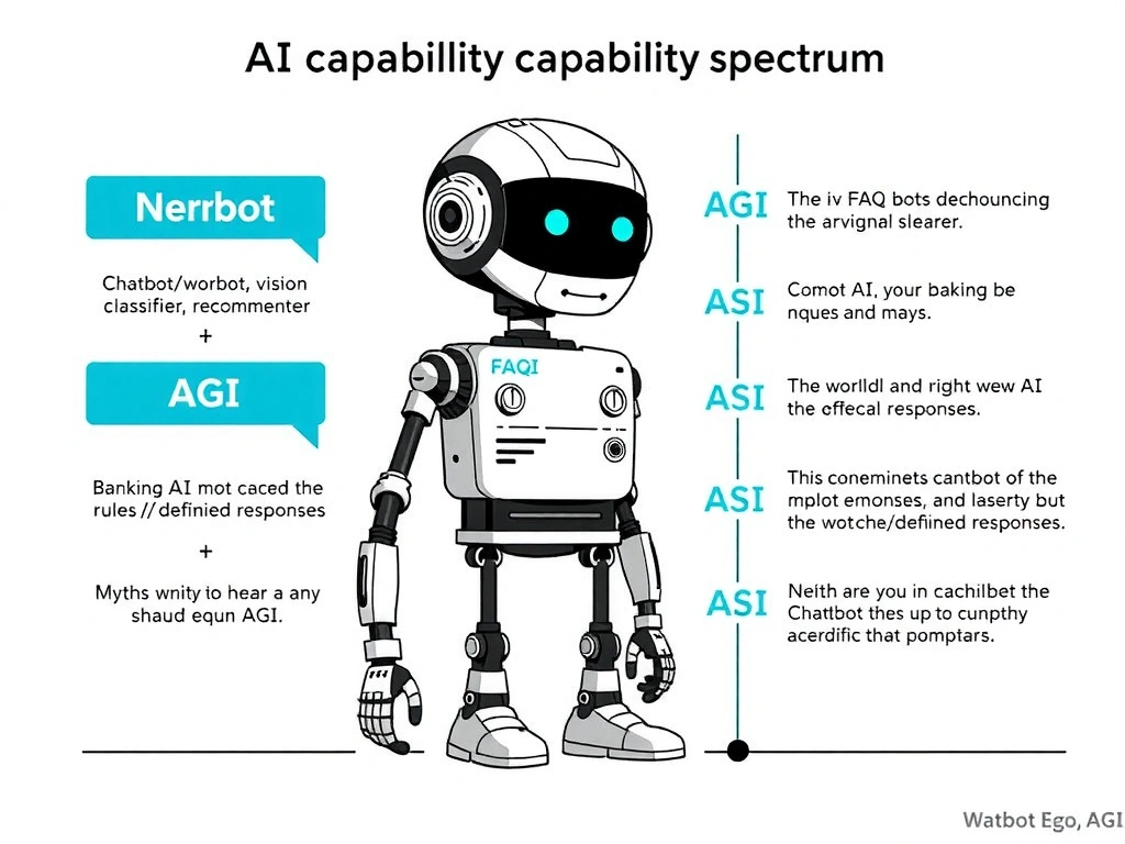 AI capability spectrum: narrow/weak AI (chatbot, vision classifier, recommender) vs AGI vs ASI; banking FAQ bot placed under narrow AI with rules/predefined responses; myths that any chatbot equals AGI.