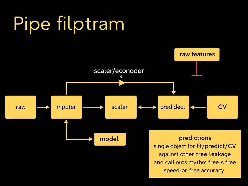 scikit-learn Pipeline diagram: raw features → imputer → scaler/encoder → model → predictions; single object for fit/predict/CV; callouts against leakage and against myths of free speed or free accuracy.