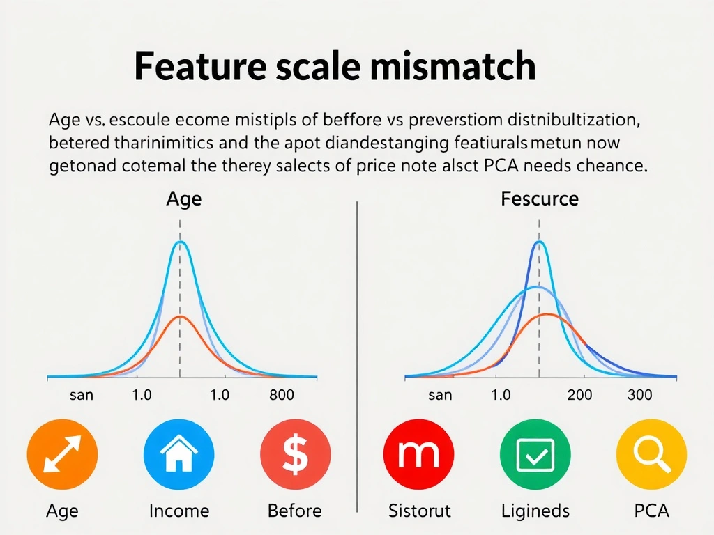 Feature scale mismatch: age vs income distributions before and after standardization/normalization; impact on distance metrics; icons for one-hot (categoricals), feature selection, PCA with note that PCA needs scaling first.
