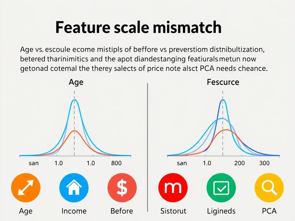 Feature scale mismatch: age vs income distributions before and after standardization/normalization; impact on distance metrics; icons for one-hot (categoricals), feature selection, PCA with note that PCA needs scaling first.