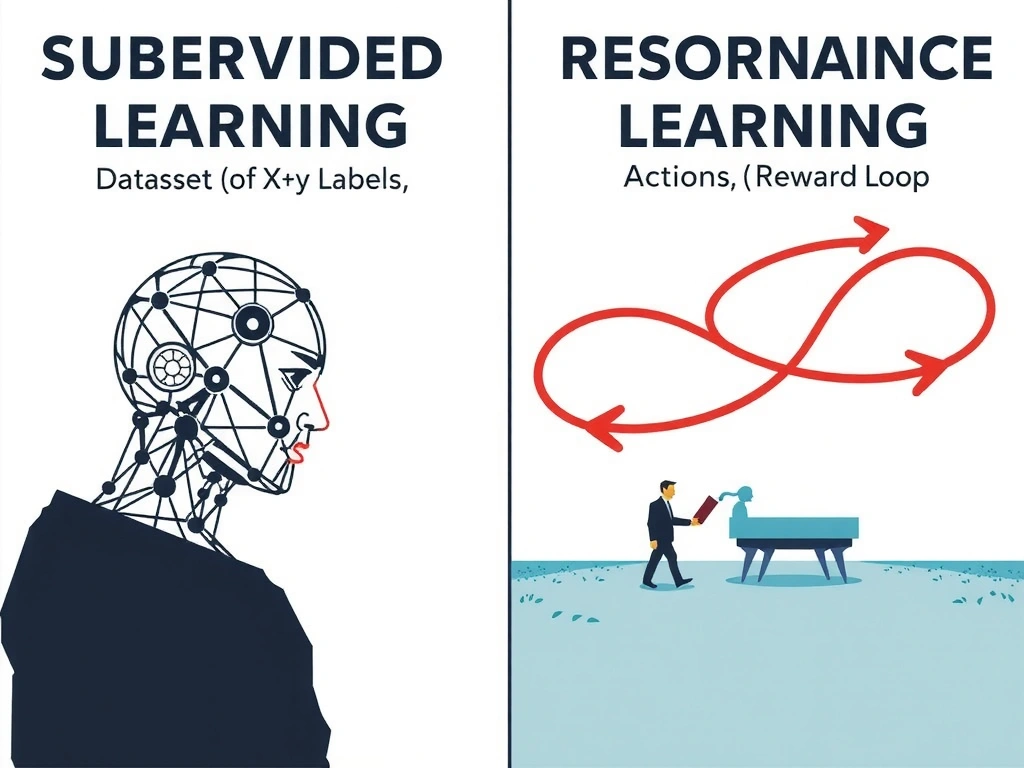 Side-by-side: supervised learning (dataset of X→y labels, loss) vs reinforcement learning (agent, environment, state, action, reward loop); reject myths about cost-only differences and task-type-only differences.