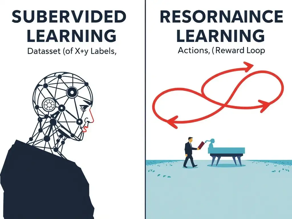 Side-by-side: supervised learning (dataset of X→y labels, loss) vs reinforcement learning (agent, environment, state, action, reward loop); reject myths about cost-only differences and task-type-only differences.