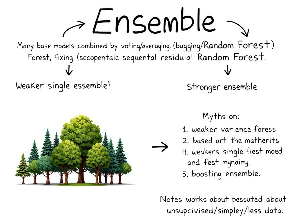 Ensemble idea: many base models combined by voting/averaging (bagging/Random Forest) and sequential residual fixing (boosting); arrows from weaker single model to stronger ensemble; notes on variance/bias and myths about unsupervised/simpler/less data.