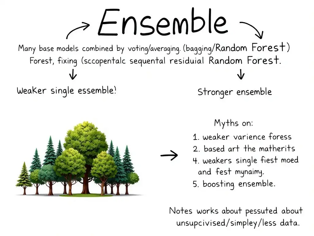 Ensemble idea: many base models combined by voting/averaging (bagging/Random Forest) and sequential residual fixing (boosting); arrows from weaker single model to stronger ensemble; notes on variance/bias and myths about unsupervised/simpler/less data.