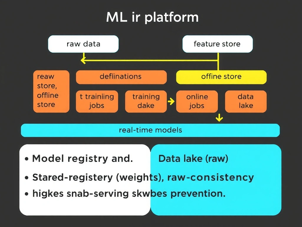 ML platform diagram: raw data → feature store (definitions, offline store, online store) → training jobs and real-time models; contrast with model registry (weights) and data lake (raw); highlight consistency and training–serving skew prevention.