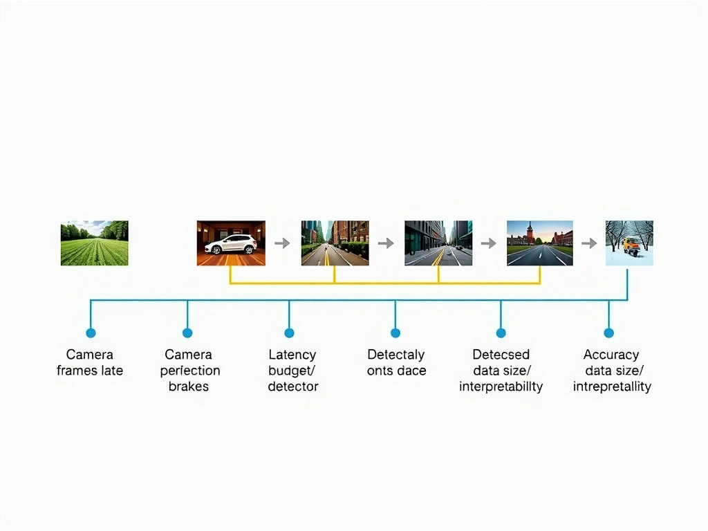 Real-time autonomous perception pipeline: camera frames to detector to planner/brakes; emphasize latency budget vs accuracy/data size/interpretability trade-offs; timeline showing late detection failure mode.