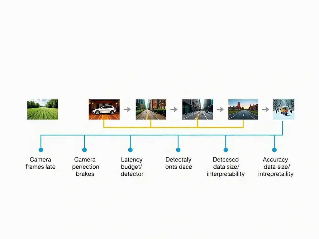 Real-time autonomous perception pipeline: camera frames to detector to planner/brakes; emphasize latency budget vs accuracy/data size/interpretability trade-offs; timeline showing late detection failure mode.