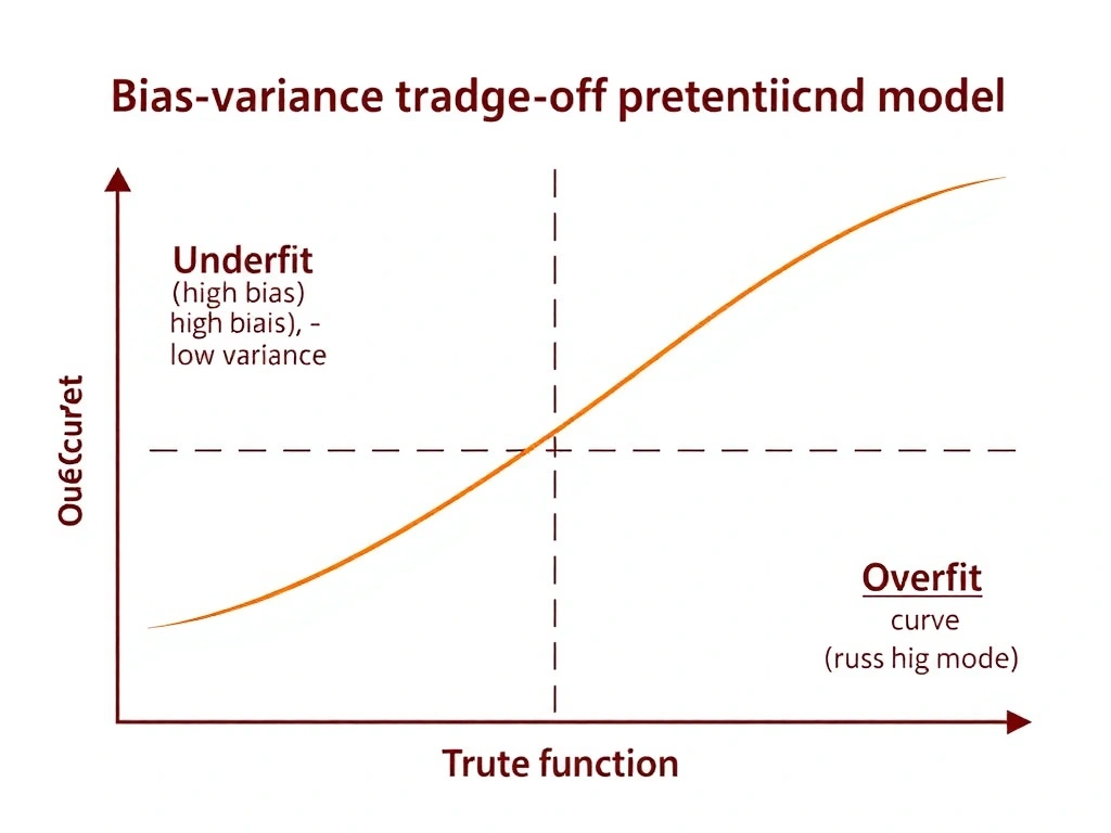 Bias-variance trade-off diagram: underfit (high bias, low variance) vs overfit (low bias, high variance) vs balanced model; simple curve vs noisy fit vs true function.