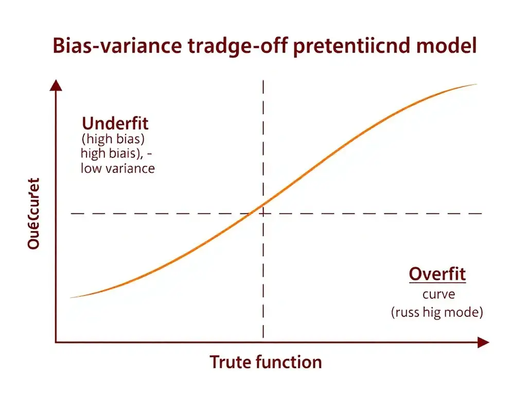 Bias-variance trade-off diagram: underfit (high bias, low variance) vs overfit (low bias, high variance) vs balanced model; simple curve vs noisy fit vs true function.