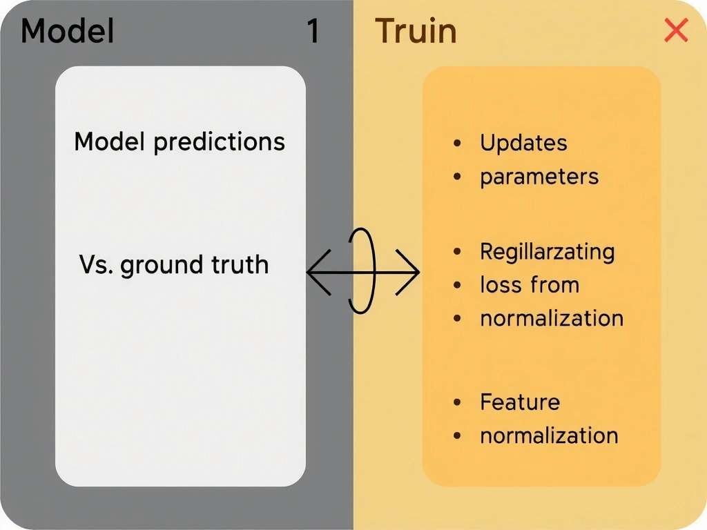 Training loop diagram: model predictions vs ground truth into loss function; optimizer updates parameters; side notes distinguishing loss from regularization, normalization, and feature selection.