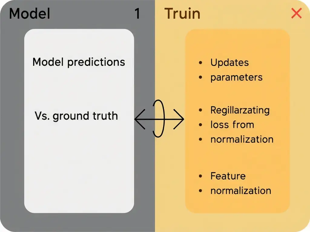 Training loop diagram: model predictions vs ground truth into loss function; optimizer updates parameters; side notes distinguishing loss from regularization, normalization, and feature selection.