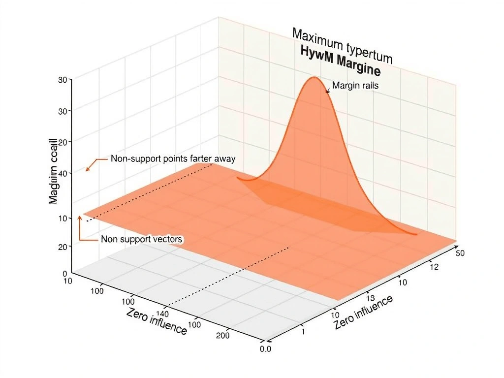 2D SVM illustration: two classes, maximum-margin hyperplane, margin rails, highlighted support vectors on the margin; non-support points farther away with zero influence.