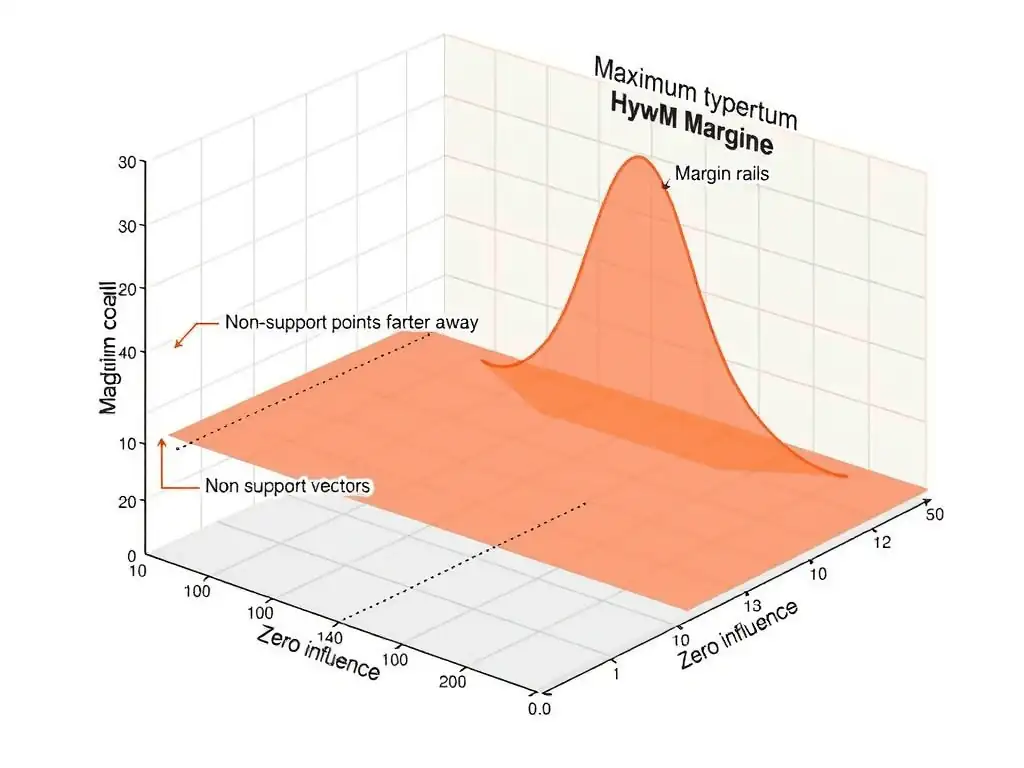 2D SVM illustration: two classes, maximum-margin hyperplane, margin rails, highlighted support vectors on the margin; non-support points farther away with zero influence.