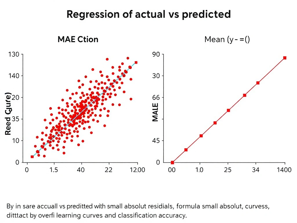 Regression scatter of actual vs predicted with small absolute residuals; formula MAE = mean |y - ŷ|; contrast with overfit learning curves and classification accuracy.