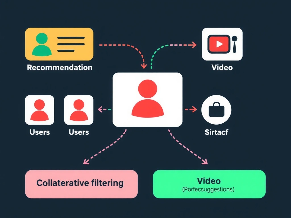 Recommendation system concept: users and items linked by preference signals; collaborative filtering and content-based paths; example outputs like product and video suggestions (not stock or medical diagnosis).