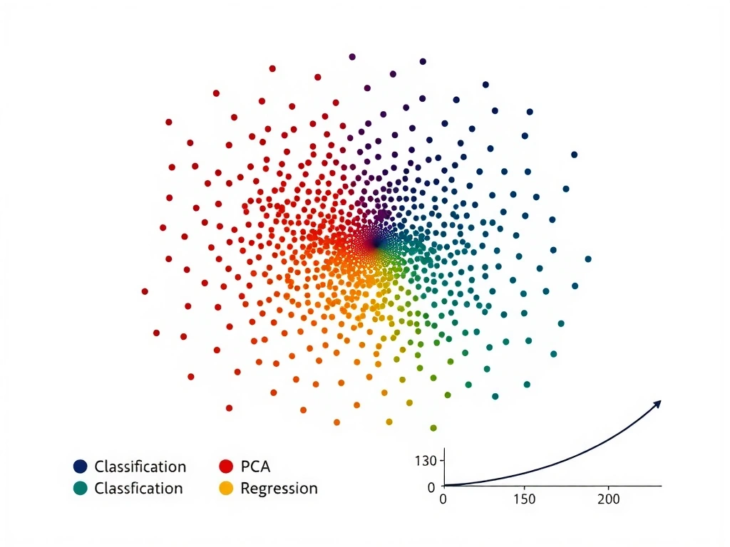 Unsupervised clustering: scatter plot of unlabeled points colored into discovered groups; contrast icons for classification (labeled), PCA (axes reduced), and regression (continuous curve).