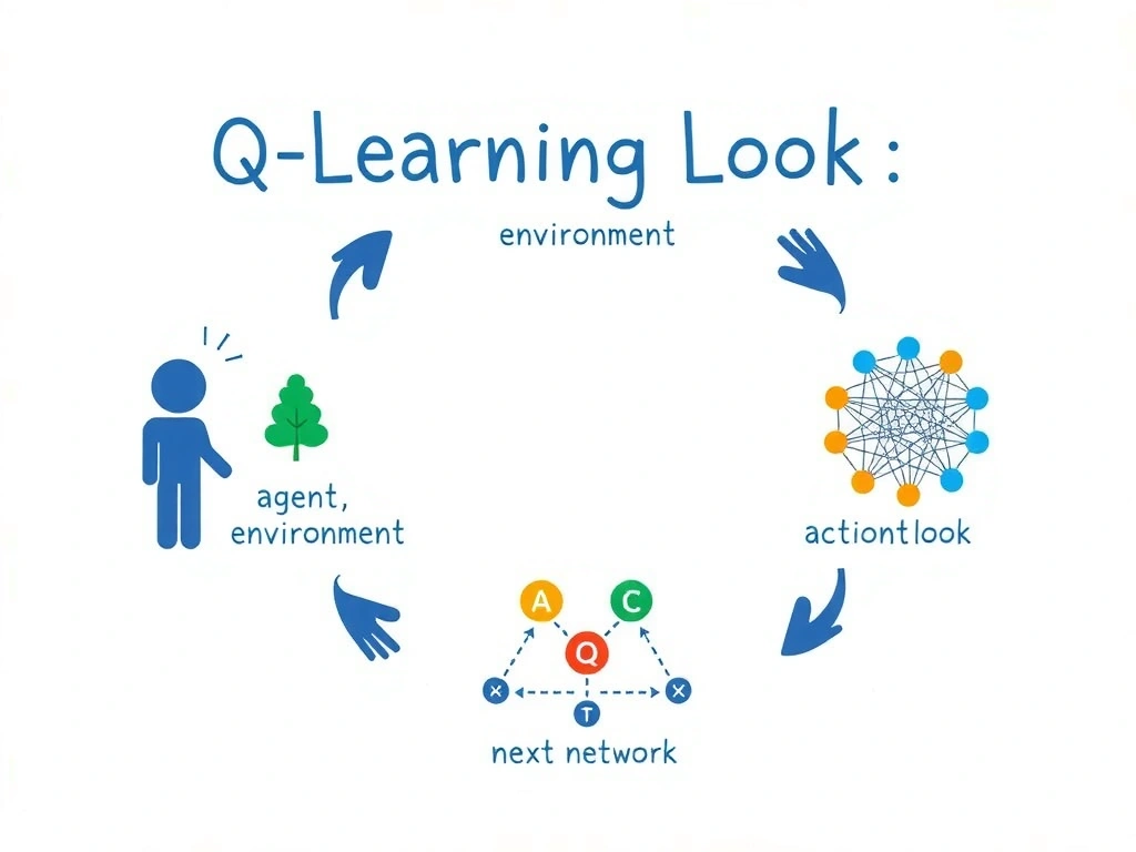 Q-learning loop: agent, environment, state-action-reward-next state; Q-table or Q-network updating; greedy policy from max Q; contrast with clustering and regression icons.
