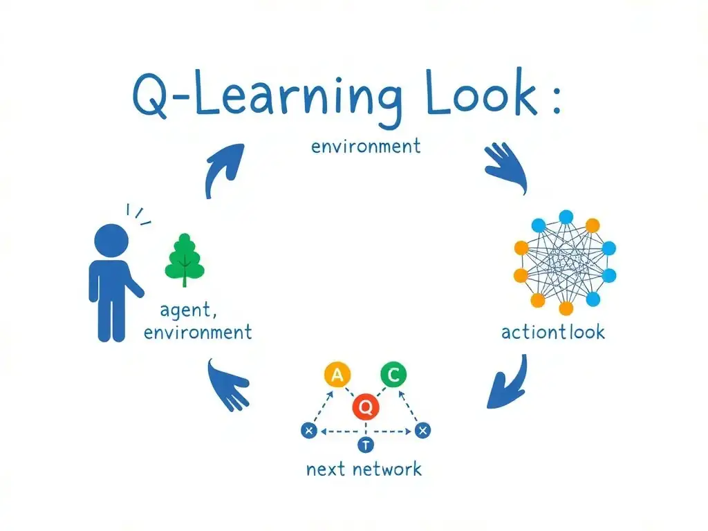 Q-learning loop: agent, environment, state-action-reward-next state; Q-table or Q-network updating; greedy policy from max Q; contrast with clustering and regression icons.