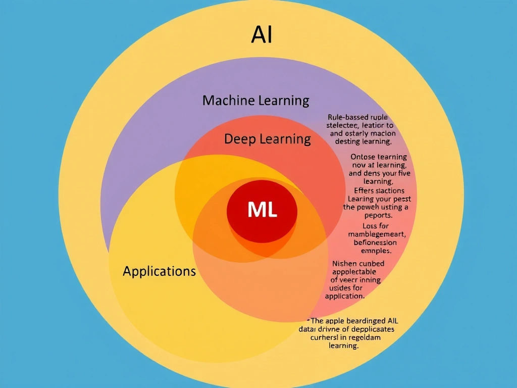 Nested Venn diagram: AI outermost, machine learning inside, deep learning inside ML; side examples of rule-based AI vs data-driven ML applications.